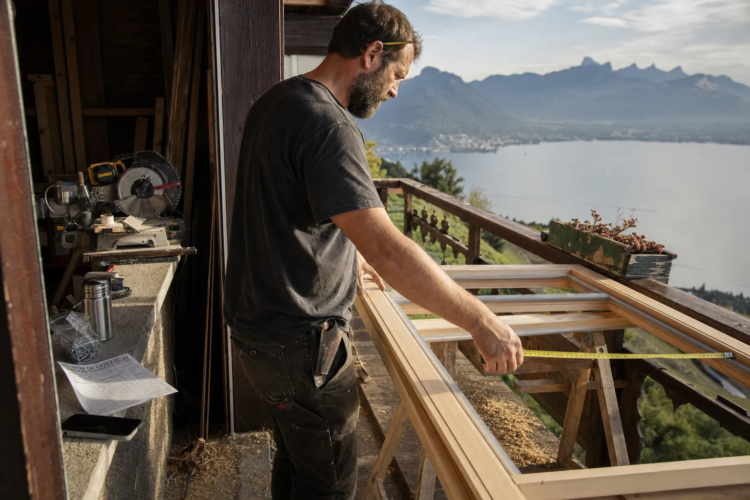 Charpentier mesurant un cadre de fenêtre sur le balcon d'un chalet au-dessus de Montreux