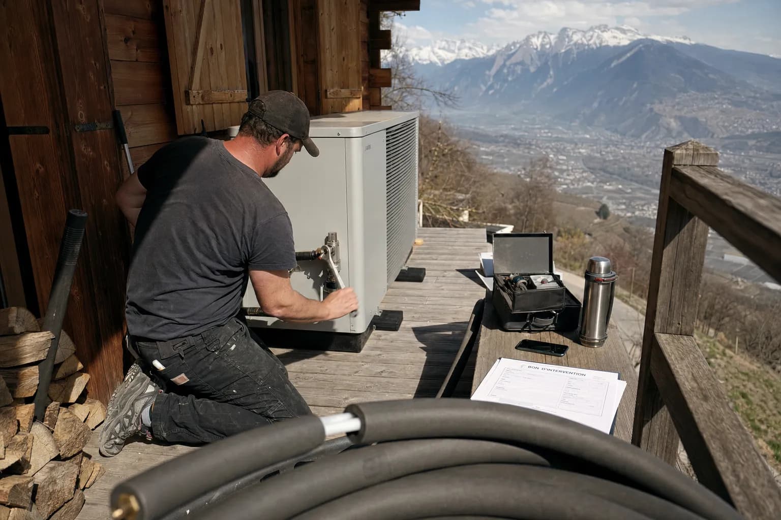Installateur raccordant une pompe à chaleur sur la terrasse d'un chalet au-dessus de Sion