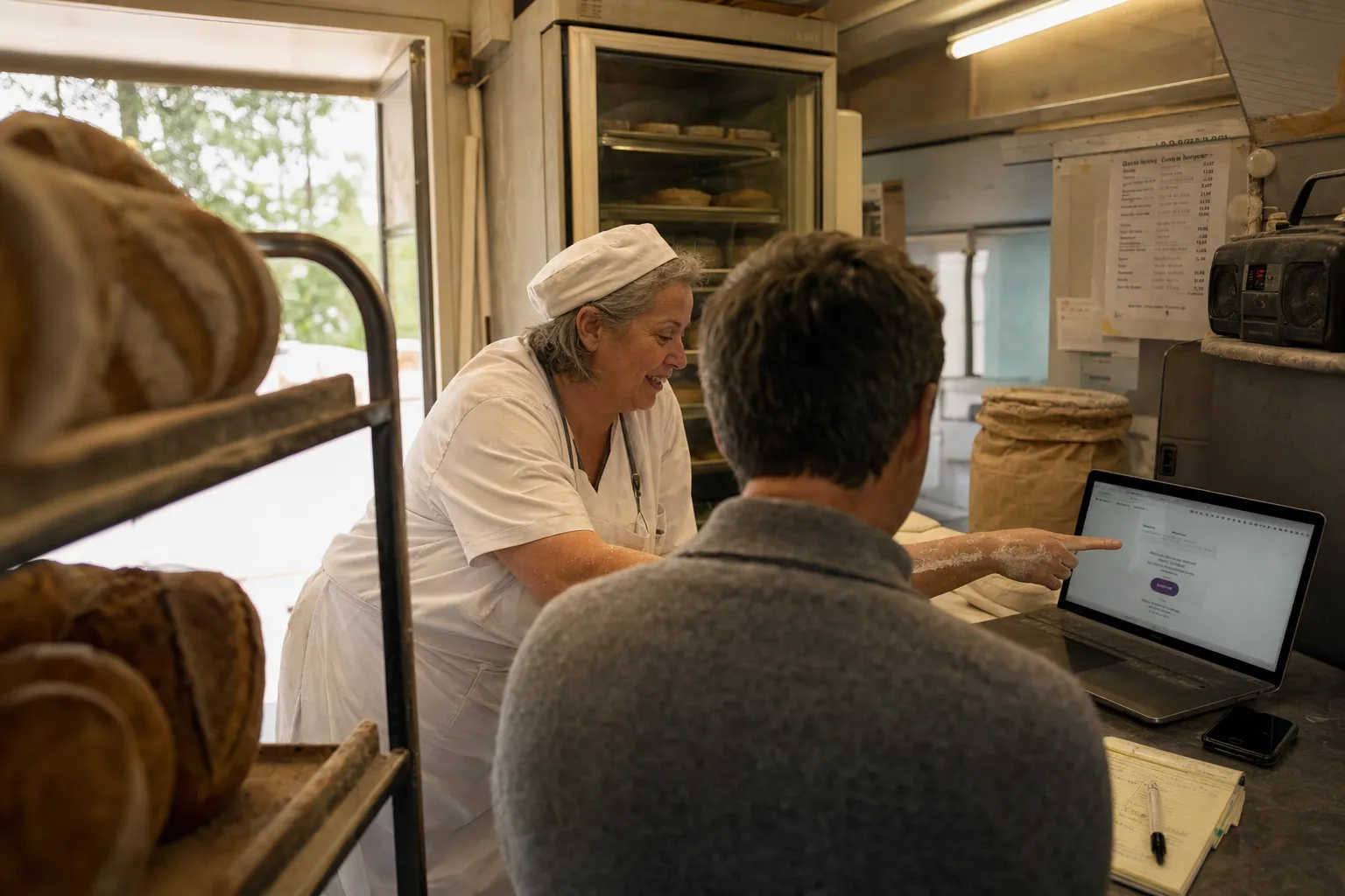 Boulangère montrant son nouveau site sur un ordinateur portable dans son fournil