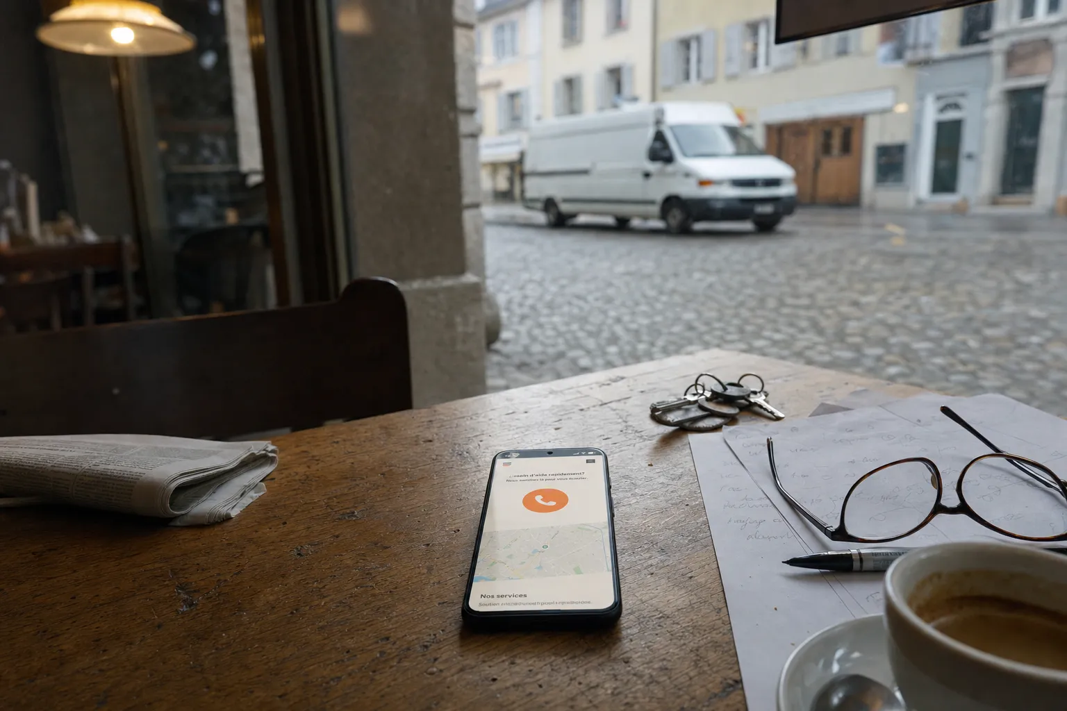 Téléphone sur une table de café affichant un site avec un bouton d'appel