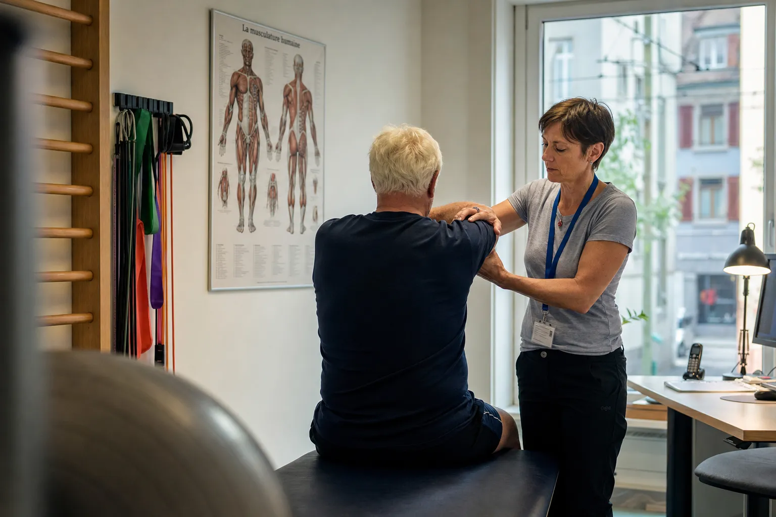 Physiothérapeute avec un patient dans un petit cabinet, Vevey